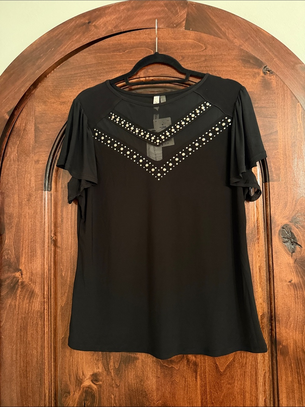 NY Collection Black Short Sleeve Top with Studded V Detail